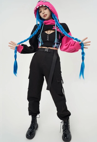 LOL Derivative Hoodie and Vest Set Shark Shape Hooded Loose Sleeve Crop Top and Clouds Pattern Vest and Necklace