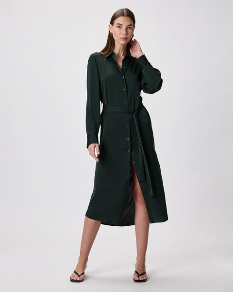 Washable Stretch Silk Maxi Shirt Dress in Forest Green