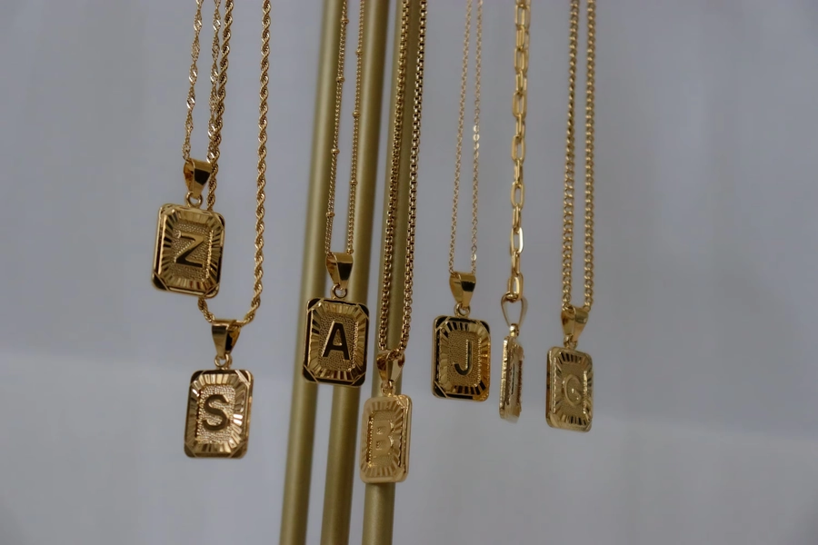 18K Gold Initial Letter Necklace, Medal Gold Initial Letter Pendant Necklace Square Alphabet Rectangle Medallion Pendant Best Women Necklace