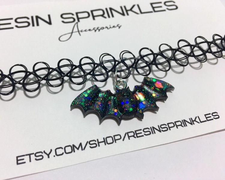 Black Holographic Bat Tattoo Choker Necklace | Handmade 90s Jewelry | Spooky Goth & Emo Accessories