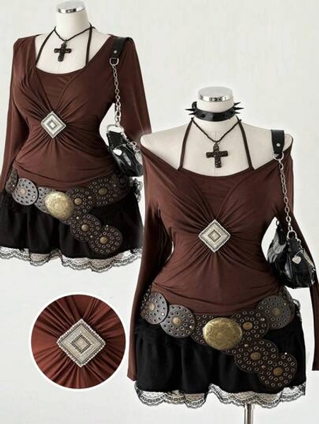 Sunspun Brown Long Sleeve V-Neck Top With Elegant Waist Design, Versatile For Commute And Casual Everyday Wear