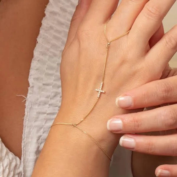 14K/18K Solid Gold Cross Hand Chain with Pavé CZ or Diamond