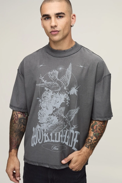 Oversized Boxy Exposed Seam Dove Print T-Shirt