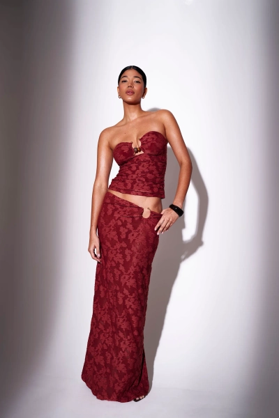 Phoenix Ring Detail Maxi Skirt in Burgundy
