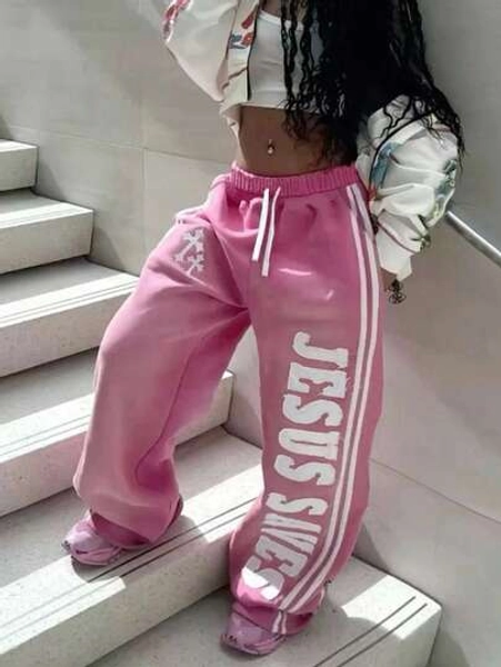 Rovax Fashionable & Streetwear Suitable For Street Photography, Spring/Summer Season, English Letter & Cross Pattern Design, Suitable For Outerwear Pants, Women's Wide-Leg Pants With Curved Hem