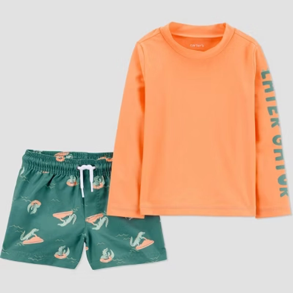 Carter's Just One You® Toddler Boys' Long Sleeve Gator 2PC Rash Guard & Swim Trunk Set - Orange 12M