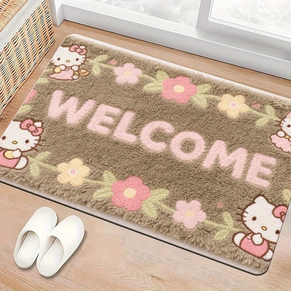 1pc Durable for hello kitty and Friends Welcome Doormat- Cute Cartoon Floral Pattern, 100% Polyester Hand Wash Only, Soft Plush Living Room Bedroom Bathroom Mat, Perfect Gift for Fans and Party Decorations