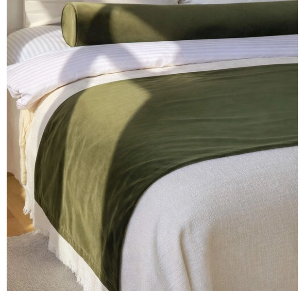 Moss Green Bed Runner, Velvet Bed Scarf, Luxury Bed Runner for King Queen Bed, Reversible Bedding, Hotel Style Bedroom Decor