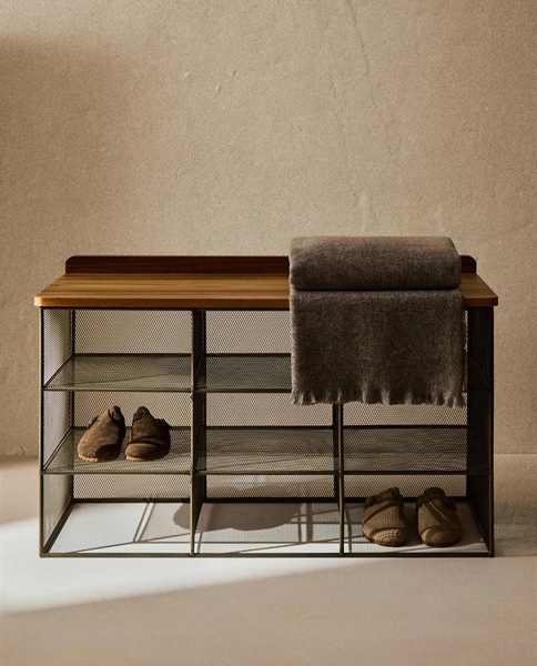 METAL AND WOOD SHOE BENCH