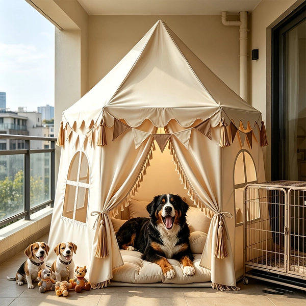 Luxury Large Pet Tent for Dogs & Cats, Premium Castle Bed with Tassels & Window, Indoor/Outdoor Portable Dog House, Washable Cushion, Breathable & Soft Kennel for Large Breeds, High-End Decorative Pet Playhouse
