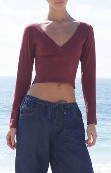 John Galt Burgundy Crossover Long Sleeve Top | PacSun