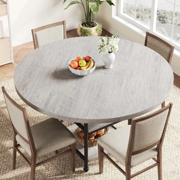 47" Round Dining Table for 4-6, Modern Wooden Kitchen Table with Storage Shelves & Roman Metal Legs, Table Only, for Dining Room