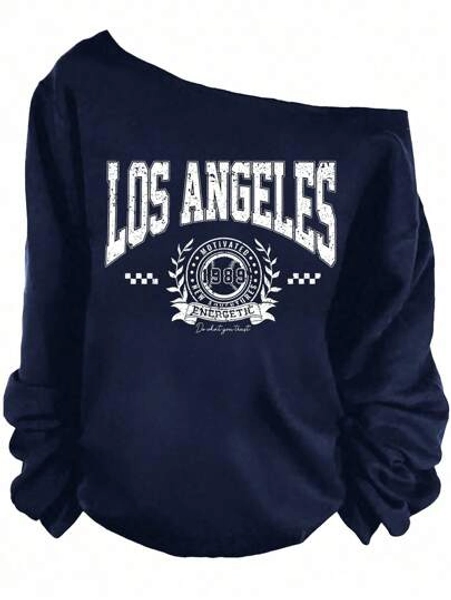 SHEIN EZwear Casual College Style Deep Navy California Graphic Loose Off Shoulder Thick Hoodie Sweatshirt Back To School Fall And Winter Clothing Autumn And Winter