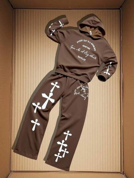 SHEIN 2pcs/Set Teen Boys Haut Street Wear Cross Print Casual Comfortable Versatile Printed Hoodie Sweatshirt And Sweatpants Set Boys Brown 2 Piece Set Brown Hoodie Teen Teen Boys Hoodie And Sweatpants Graphic Ensemble Trousse Tracksuit Fall Autumn And Winter