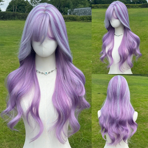 SMILCO 26-Inch Purple Platinum Curly Synthetic Wig with Bangs