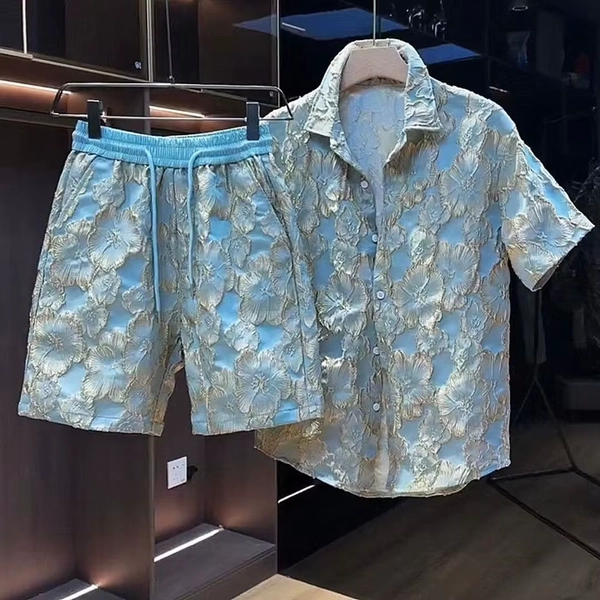 Ethnic Style Embossed Gold-hot Flower Short-sleeved Shirt and Shorts Two-piece Set Men Summer Loose Black Gold Shirt Set - AliExpress 200000343