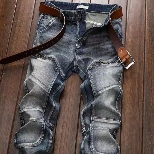 New Spring Autumn Wash Denim Korean Style Blue Designer Cowboy Cycling Motorcycle Splice Vintage Cargo Strech Pant Jean Trousers