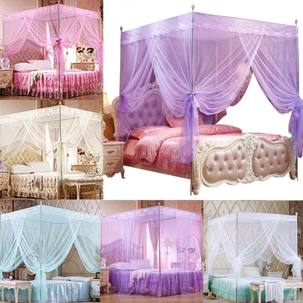 D-GROEE 4 Corners Post Canopy Bed Curtains Cozy Drape Canopy Bed Frames Netting for Twin Full Queen King Bed - Cute Princess Lace Bedroom Decoration