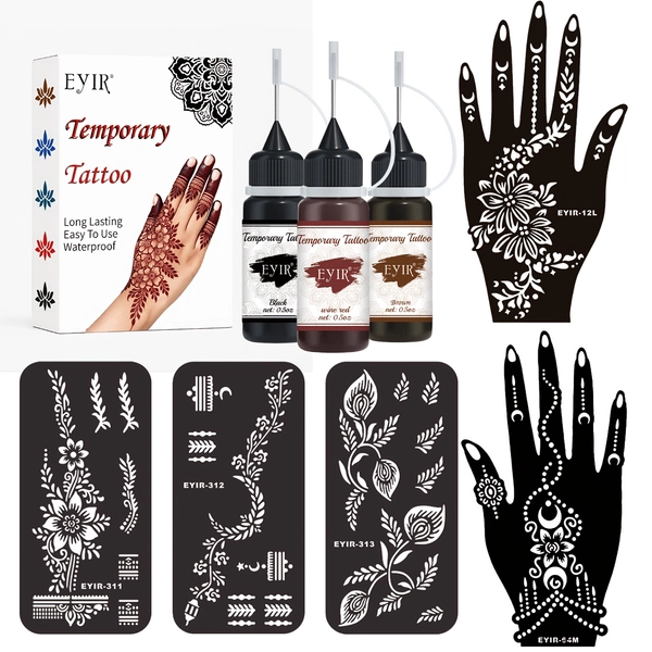 3-Color Tattoo Paste + 5pcs Hand Tattoo Stencil Set, Reusable Multi-Functional Templates, Long-Lasting and Durable Tattoo Paste, Body Art Tattoo Paste, Suitable for Halloween, Christmas, Birthdays, Carnivals, and Other Party Gift Temporary Tattoo