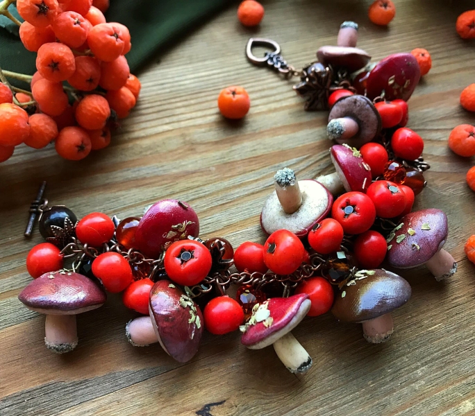 Mushroom Bracelet: Rowan Berries, Carnelian Tiger Eye Stones, Autumn forest jewelry, Fall colors, Witchy
