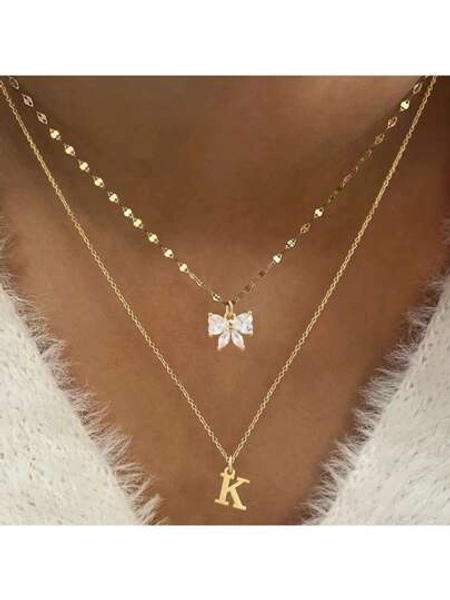 2Pcs/Set Classic Gold Color Initial Bow Pendants Lip Chain Choker Stainless Steel Layered Chain Necklaces For Women