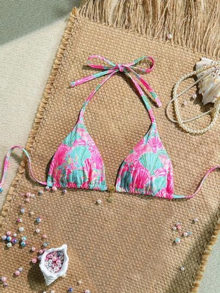 Swim Mod Sexy Halter Triangle Top Shell Decor One Piece Swimwear, Random Tropical Print, Summer Holiday