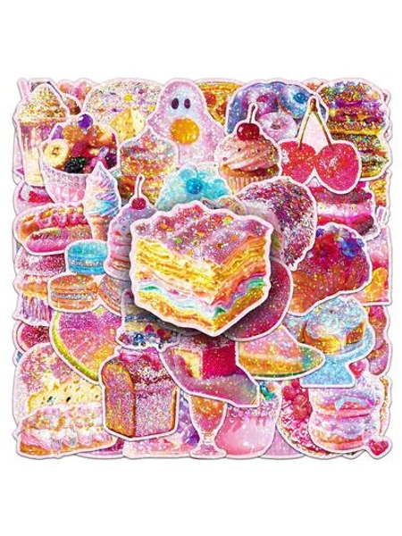 50Pcs Holographic Food Stickers Cute Glitter Dessert Cake Ice Cream Candy Scrapbook Aesthetic Stickers Pack Sparkly Party Favors Vinyl Waterproof Stickers For Water Bottle,Computer,Laptop,Phone,Luggage,Notebook,Fridge - Size one-size