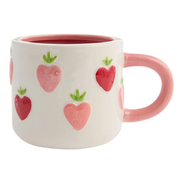 White and Pink Strawberry Heart Hand Painted Ceramic Mug