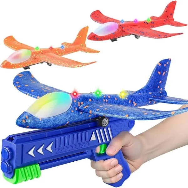 3 Pack Launcher Toys for Kids Ages 4-8: Shooter With 3 LED Foam Glider Planes For Kid-Outdoor Flying Toys Birthday Present Gifts for 4 5 6 7 8 9 Year