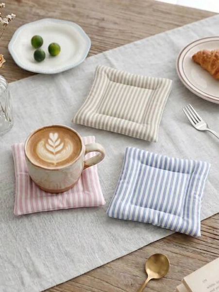 1pc INS Style Square Striped Fabric Coaster, Soft Absorbent Heat-Resistant Coaster Suitable For Mugs, Coffee Tables, Kitchen, Office, Cafe And Home Decor