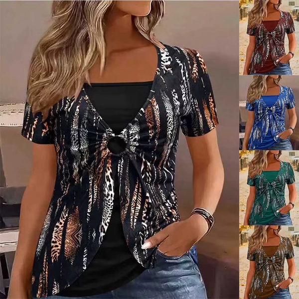 2025 New Women's Short-sleeved T-shirt Fake Two-piece V-neck Fashion Ethnic Printed Top Casual Tees for Female - AliExpress 200000345