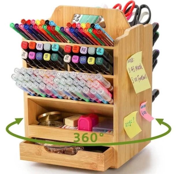 Pen Holder Organizer, 360Rotating Art Storage , Hold 400+ Pencils, 15 compartments Office Desk Stand Box with Handle for Marker Pens, Colored Pencil,