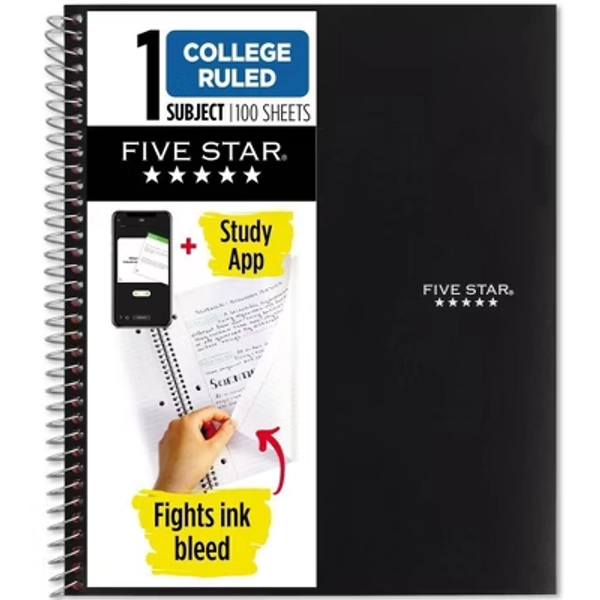 Five Star Subject 100 Pages College Ruled Spiral Notebook white