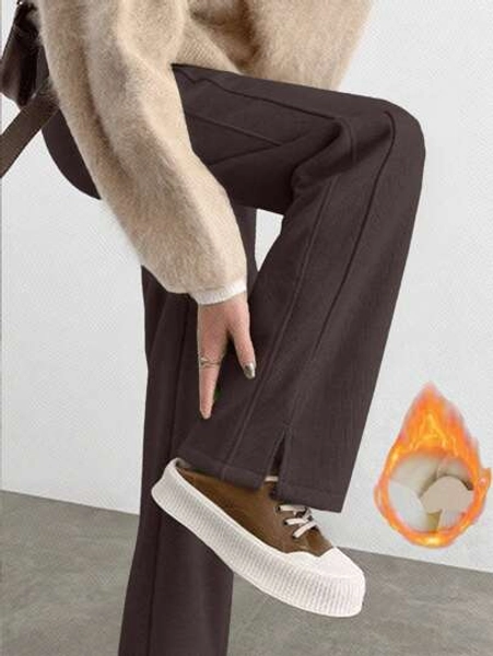 Women's Thermal Lined Wide Leg Pants, Warm Thermal Lining Versatile Casual Straight Leg Trousers