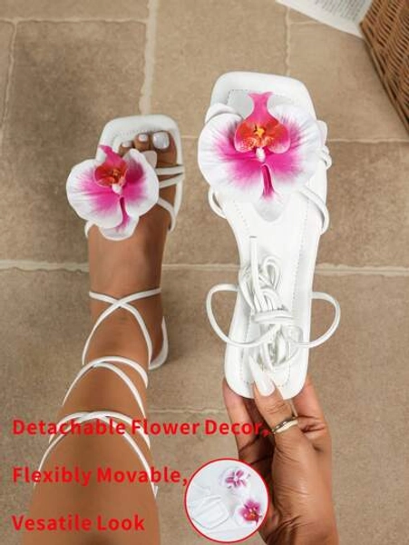 planare Women's Casual Vacation Style Flat Sandals, PU Open Toe Lightweight, Round Toe With Ankle Strap, Floral Decor, Elegant Roman Style Summer White Casual Beach Pool Party Holiday Sandals, Suitable For T-Shirts, Dresses, Bikinis, Casual Wear, Commuting And Long Walking, Non-Slip