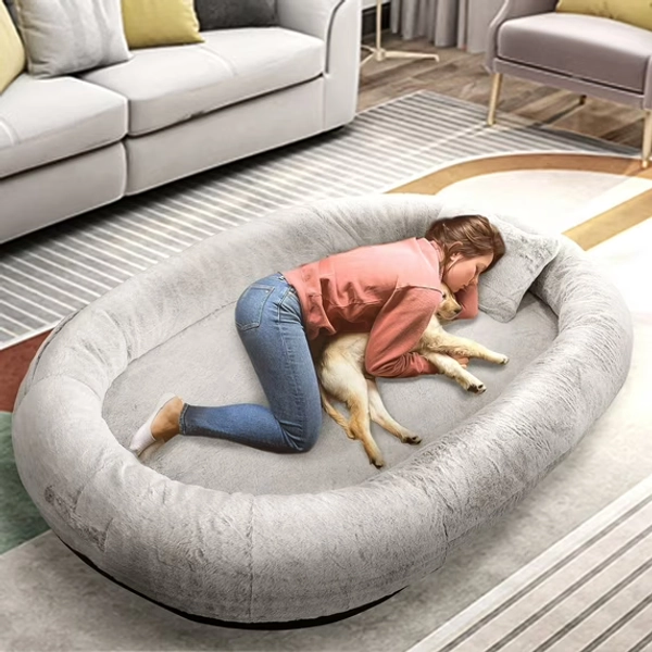 Human Dog Bed for Pets and Adults, 71"x45"x14", Washable Faux Fur Cover with Blanket and Pillow, Extra Large Human Size Beanbag Bed,Grey