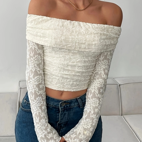 Elegant Off-the-Shoulder Long Sleeve Blouse for Women - Machine Washable, Durable Material, Chic Tops for Parties, Formal Events & Casual Attire, Fall/Winter Shirt, Minimalist Women's Clothing, Party Outfit, Sophisticated Look, Stylish Top, Fashion Lovers