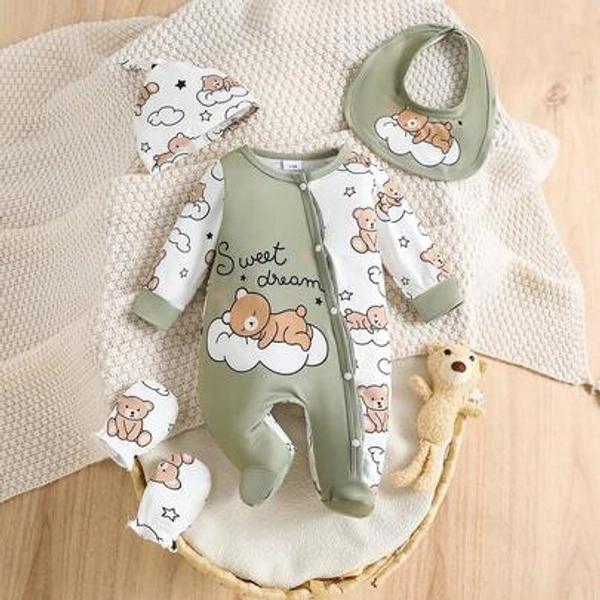 5 pièces Ensemble nouveau-né bébé garçon avec imprimé ours nuage, couleurs contrastées : body + chapeau + gants + bavoir + tenue mignonne, convient pour toutes les saisons - Taille 1-3 M