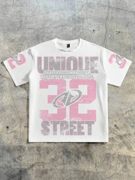 SHEIN EZwear Casual Street Style, Sports Style, Pink Numeric Placement Print Pattern, Minimalist Round Neck Short Sleeve Loose T-Shirt, Unisex, Suitable For Summer