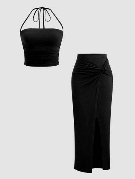 Sweetra Women's Sexy Slit Twist Front Crop Top & Wrap Skirt 2 Pieces Set For Spring/Summer