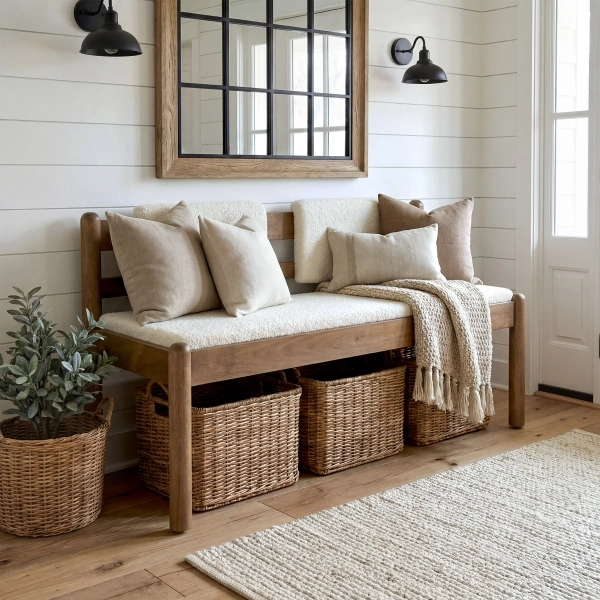Modern Upholstered Entryway Bench With Solid Wood Frame