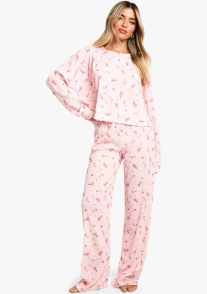 Boohoo Women's Christmas Present Print Jersey Knit Lounge Set