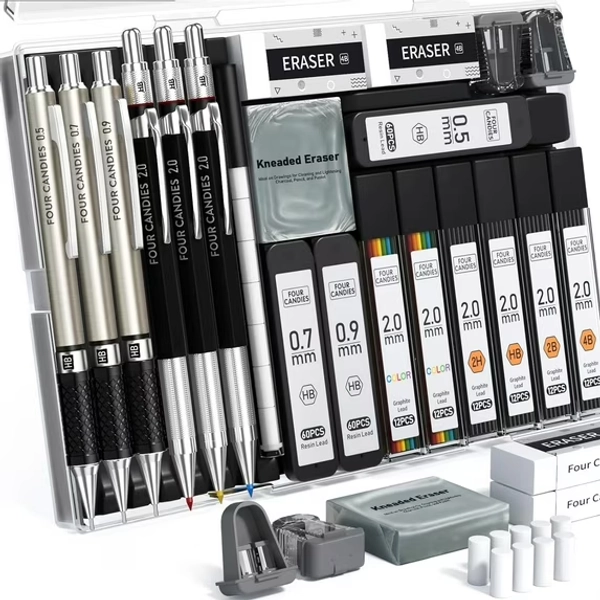 Four Candies Metal Mechanical Pencil Set, 6PCS Artist Metal Pencil 0.5, 0.7, 0.9, 2mm, Refills, Kneaded Eraser, Sharpener, Combo Set