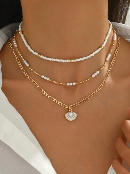 3pcs/Set Bohemian Style Bead Chain Gold Color Shell Pendant Necklace, Simple Versatile Women Jewelry For Daily Wear & Holiday