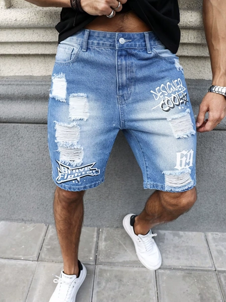 Men's summer blue ripped printed denim shorts. Trendy ripped design. Stylish text prints. - AliExpress 200000343