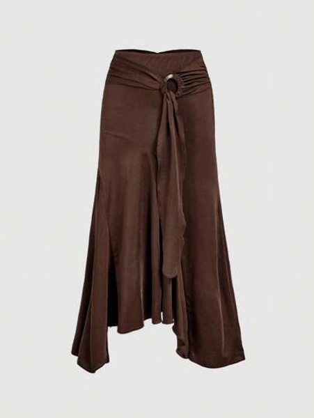 SHEIN MOD High Waist Ruffle Asymmetrical Hem Skirt Brown Midi Skirt Tie Skirt Wrap Skirt Asymmetrical Skirt Brown Tie Skirt