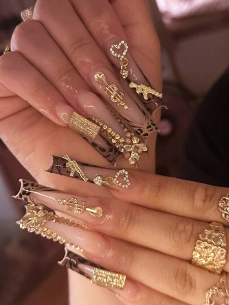 Y2K 24Pcs Pink Long Square Press On Nails Leopard Print French Style With Rhinestones Heart, Gun Musical Note And Bowknot Decor False Nails Glossy Full Cover For Women Girls Fake Nails Art Kit For Daily Wear Party Dating Nail Supplies Nails