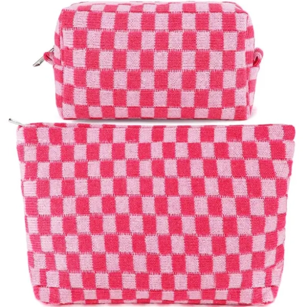 2pcs Checkered Makeup Bag For Women Large Small Set Aesthetic Preppy Pencil Case Cute Pouch Brown Purse Travel Toiletry Bags Zipper Skincare