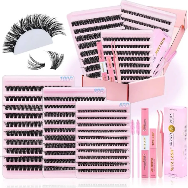 RITALASH 560pcs Lash Clusters Kit with Bond&Seal 3 Styles 560Pcs Clusters Lashes Extension Volume Soft Eyelash Extension Kit 60D+80D+100D D Curl Wispy
