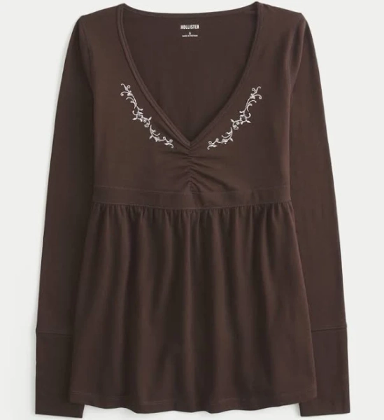 Women's Long-Sleeve Pinch Bust Babydoll Top in Espresso Size XXL from Hollister